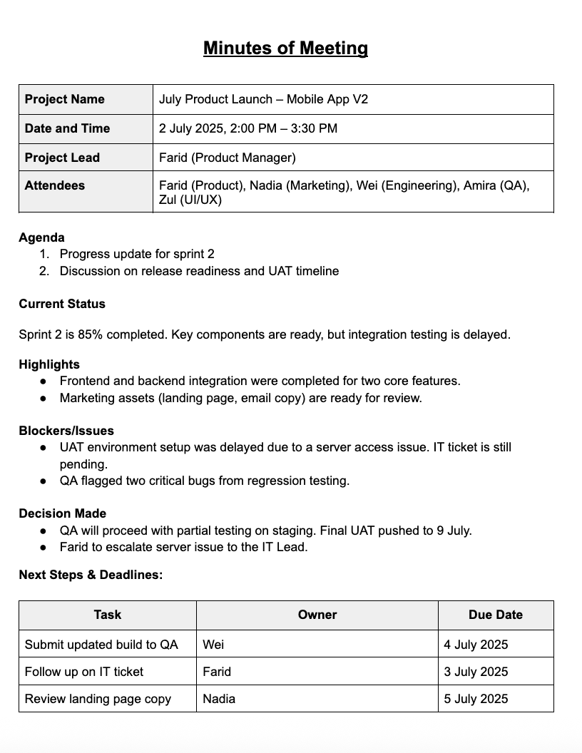 Project Status Meeting Template